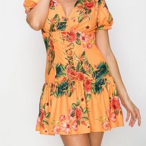 Floral Print Mini Dress Lace Up‎ Corset Tropical Orange Short Sleeve